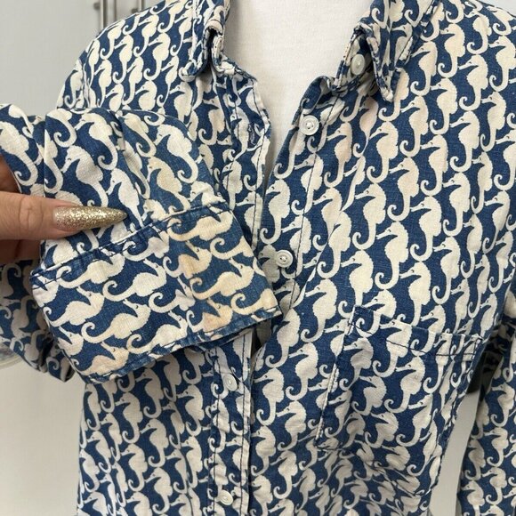 J Crew Boy Shirt Size 2 Blue Seahorse Print Button Down - Picture 7 of 8